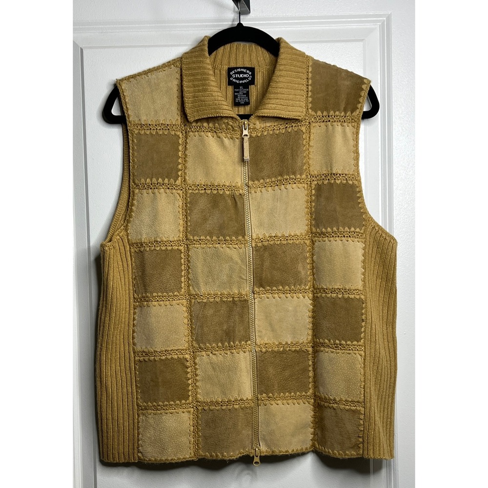 Vintage Designers Studio Originals Leather Patchwork Crochet Knit Vest Tan XL